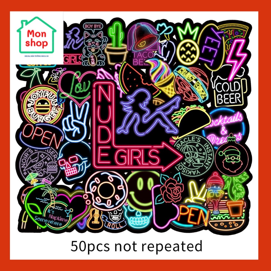 Set 50 Sticker Decal Nhám Chống Nước Dễ Thương Dán Nón BH, laptop, vali, xe, tập vở