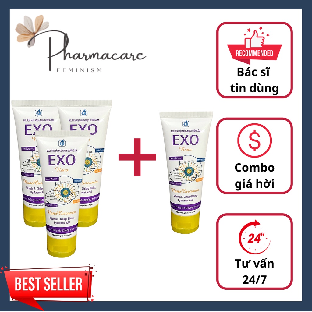 [Combo 3 tặng 1] Gel rửa mặt ngừa mụn dưỡng ẩm, sữa rửa mặt Exo Nano chiết xuất Nano Curcumin từ Ngh