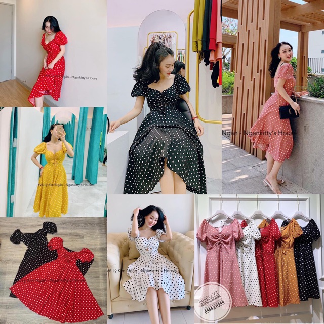 Váy chấm bi rút nơ dáng xoè