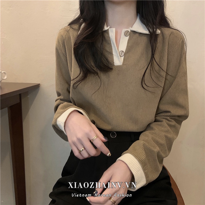 Áo sơ mi tay dài XIAOZHAINV dáng rộng vải nhung kẻ có 3 màu thời trang Hàn Quốc