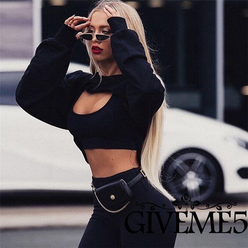 Fashion Women Long Lantern Sleeve T-shirt Hollow Casual Crop Tops