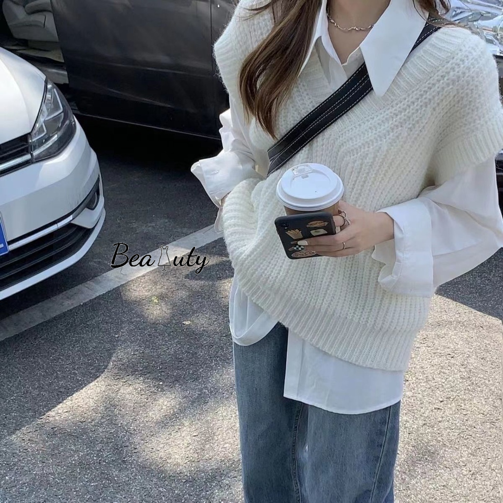 MURIOKI Áo Vest Dệt Kim + Áo Sơ Mi Thời Trang Mùa Thu Hàn Quốc 2022 Cho Nữ