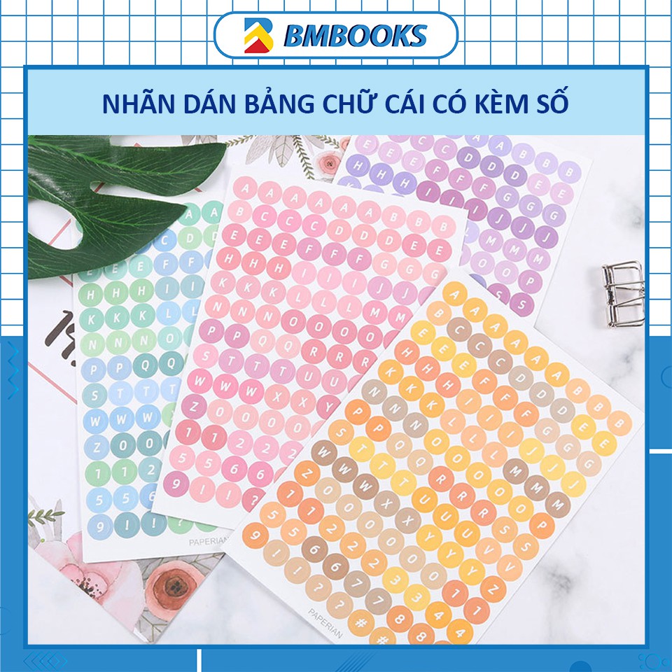 Sticker chữ cái đa sắc kèm số và kí tự 4 tone màu dùng trang trí sổ tay DIY BMBooks