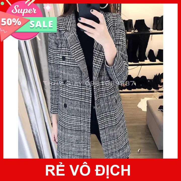 Áo Khoác Dạ Kẻ Đen 2 Lớp 🦋 Áo Choàng Nữ Dáng Hàn Quốc Siêu Xinh