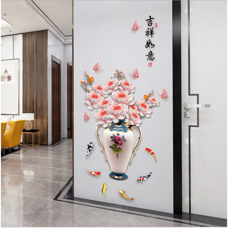 Decal trang trí tường - Chậu Hoa MẪU ĐƠN HỒNG TRẮNG NHẠT 3D quý phái