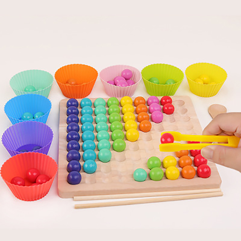 [rogoldVN]Rainbow Wooden Clip Go Game Set Dot Bead Board Game Toy Rainbow Clip Bead