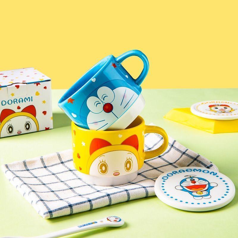 Đôrêmon cốc nước cốc cốc gốm sứ phim hoạt hình màu xanh chất béo cốc trà gia đình cốc cà phê gốm sứ cốc xếp chồng