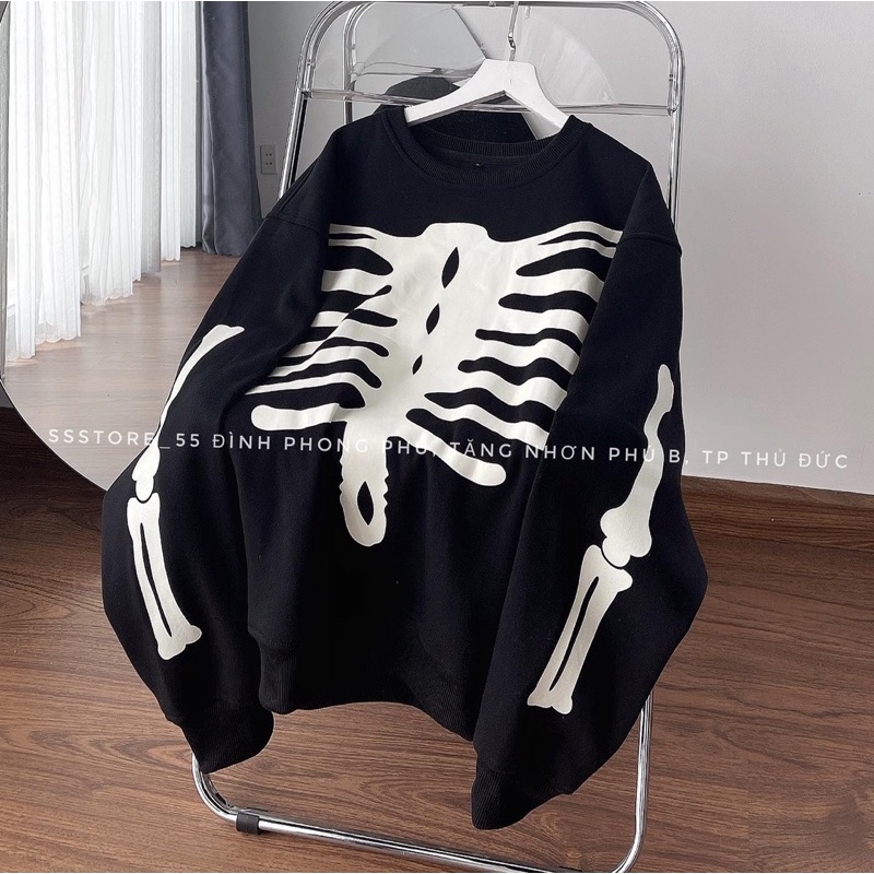 Áo sweater nỉ xương đen unisex ảnh thật SSSTore ( nam nữ mặc đều được)