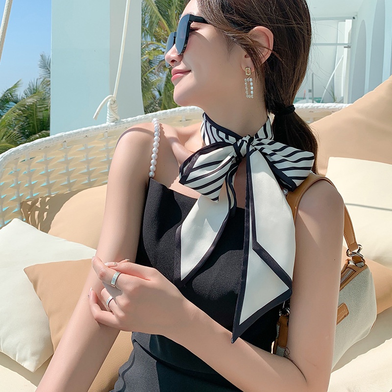 Khăn Choàng Cổ Dài Bằng Lụa Hai Lớp Họa Tiết Kẻ Sọc Phong Cách Retro