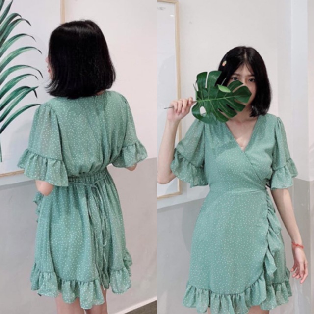 ĐẦM XINH CHẤM BI - VÁY BI VẠT CHÉO CỔ CHỮ V CÓ LÓT ( Kèm ảnh trải sàn ) | BigBuy360 - bigbuy360.vn