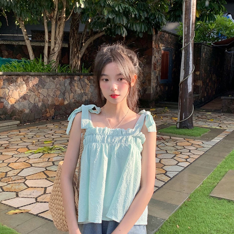 Hàng Mới Về Jiashucheng Áo Hai Dây Xếp Ly Màu Trái Cây Ngọt Ngào Phong Cách Preppy Mùa Hè Cho Nữ