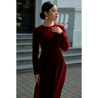 Aó dài nhung loại 1 mầu đỏ đô cổ tròn