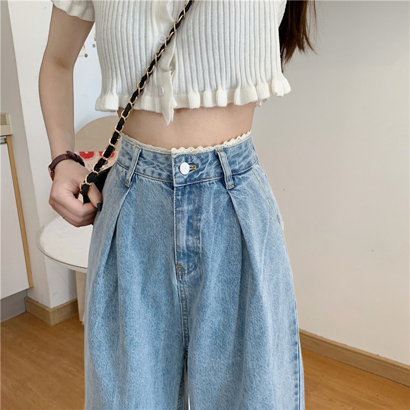 LEEVA - Quần jeans nữ dài phối ren ống rộng Q025