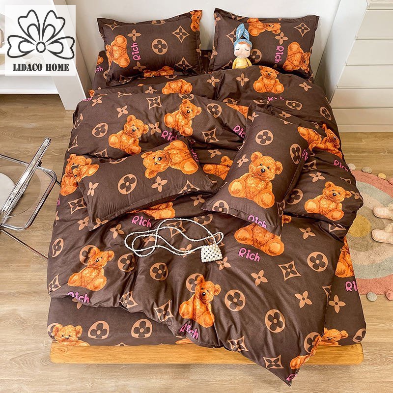 Bộ chăn ga gối cotton poly Lidaco decor phòng ngủ vintage - Gấu nâu (SP001470)