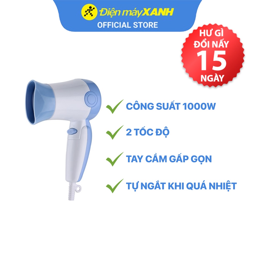 Máy sấy tóc Delites MST01 EMC BL 1000W gấp gọn 2 tốc độ sấy  - Chính hãng BH 12 tháng