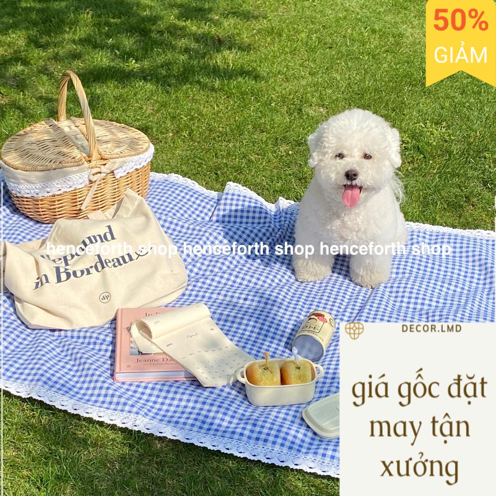 Khăn trải bàn dã ngoại picnic caro vintage có viền ren trắng, Phông Nền Chụp Ảnh Trang Trí Bàn Học