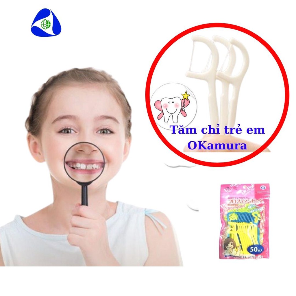 Tăm chỉ nha khoa trẻ em Okamura Nhật Bản - tăm chỉ kẽ răng vệ sinh răng miệng cho bé, bịch 50 cây