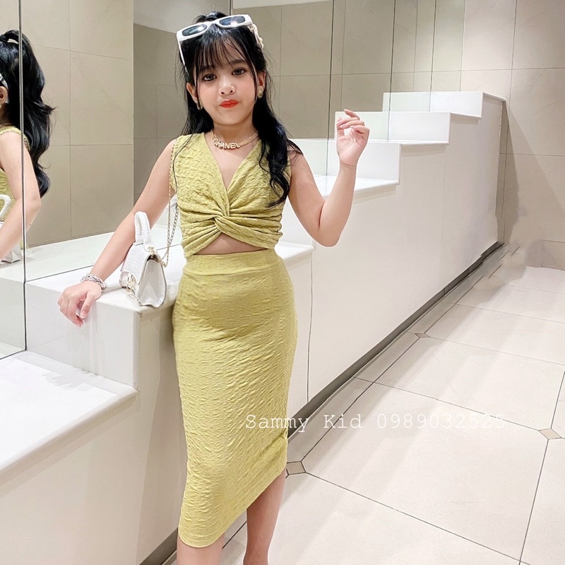 Set áo xoắn ngực Chân Váy bút chì cạp cao cho bé gái size đại 16-41kg siêu Sang chảnh