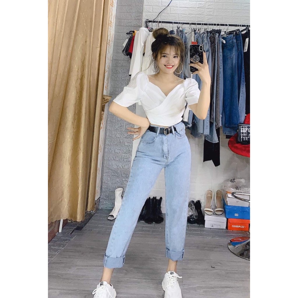 Áo kiểu from ngắn cổ V tay phồng (FreeShip Extra)