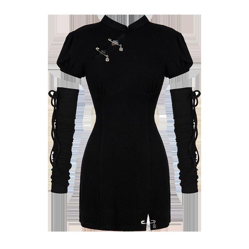 Đầm Sườn Xám Dệt Kim Màu Đen Đính Nơ Dáng Ôm Thời Trang Mùa Hè 2022 Dành Cho Nam