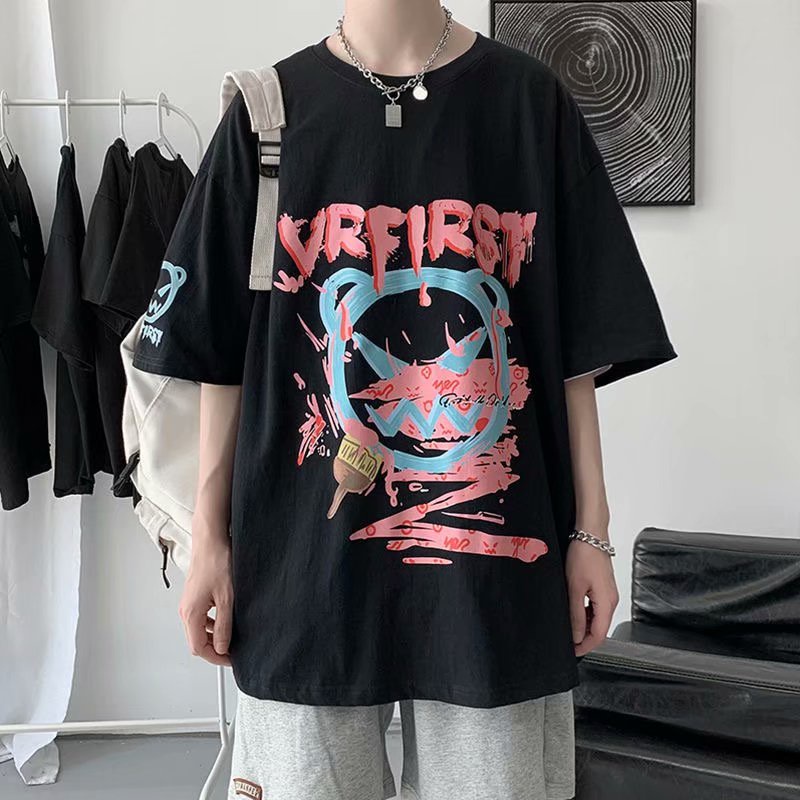 Áo thun tay ngắn cổ tròn dáng rộng in họa tiết Graffiti phong cách đường phố thời trang cho nam size M-5XL