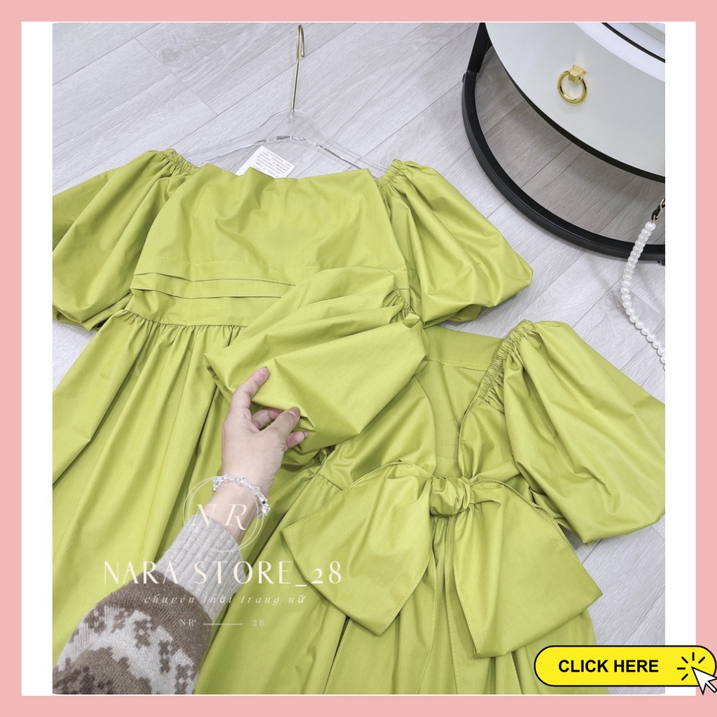 Váy babydoll xanh cốm, đầm babydoll tay phồng cổ vuông dáng xòe nơ lưng tiểu thư sang chảnh