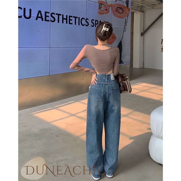 DUNEA Quần Jean Dài Lưng Cao Ống Rộng Thiết Kế Quyến Rũ Cho Nữ