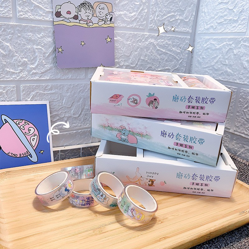 ⚜️⚜️[ SIÊU TIỆN LỢI ]⚜️⚜️Set 5 băng keo trang trí WASHI TAPE nhũ lấp lánh kèm 8 STICKER dễ thương đồng bộ