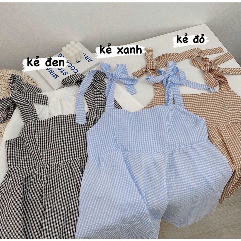 Set Đồ caro gồm áo babydoll hai dây và quần short trắng thiết kế phong cách ullzang hàn quốc nhẹ nhàng tiểu thư
