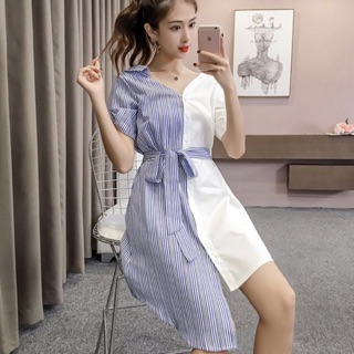 Đầm sơ mi phối sọc lệch tà (kèm hình thật)