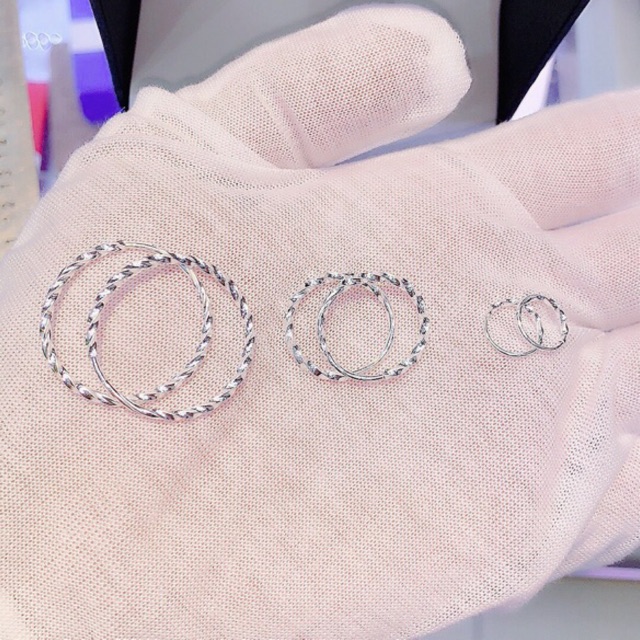 Khuyên tai tròn xoắn 3 bi bạc ta đẹp bền nhiều cỡ 7mm đến 1,2cm