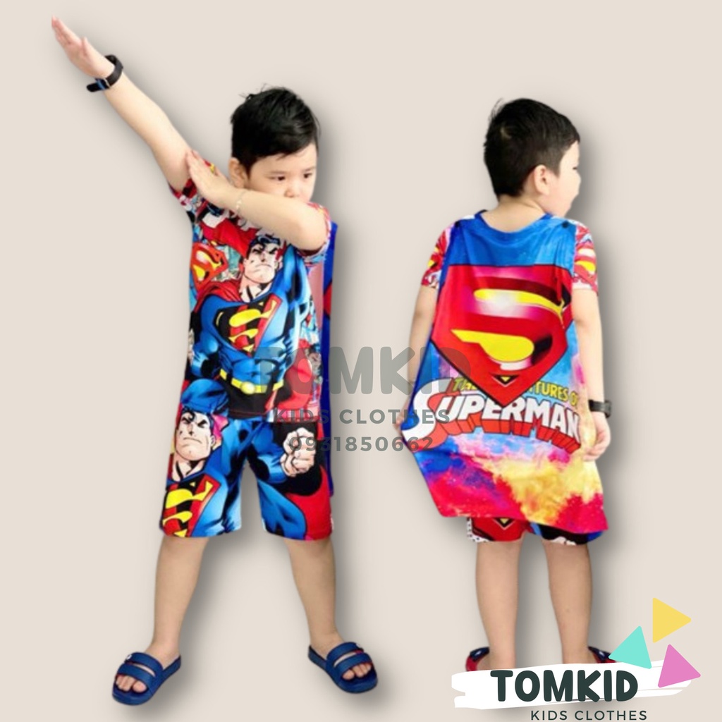 Đồ bộ bé trai bộ cộc tay cho bé siêu nhân có áo choàng(có thể tháo rời)chất thun lạnh LOẠI 1 9-23KG