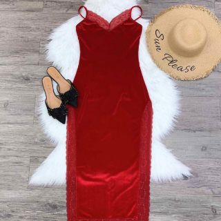 Đầm maxi 2 dây nhung viền ren