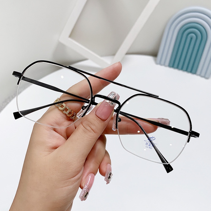 kính cận có độ -1.0~4.0 Kính Nửa Gọng Kim Loại Chống Ánh Sáng Xanh Phong Cách retro Thời Trang Unisex ，mắt kính cận
