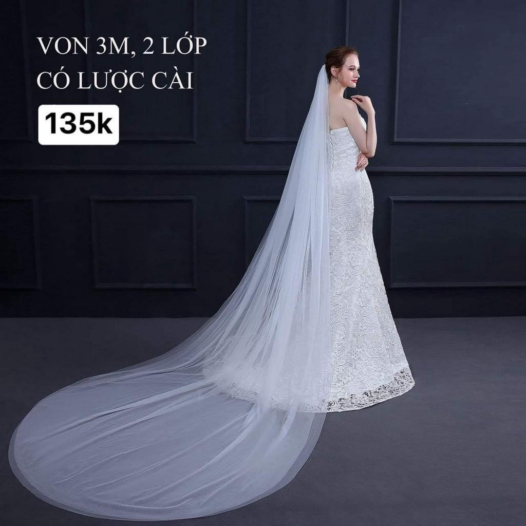 Lúp cô dâu trơn dài 3m 2 lớp,3m 3 lớp khăn voan cài tóc cô dâu