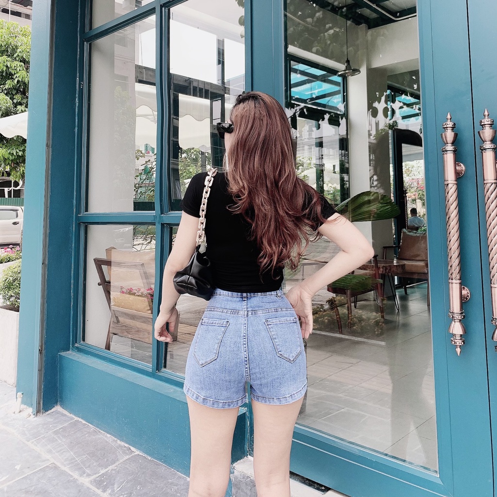 [Jeans nữ thiết kế] Quần sooc bò trơn, quần shorts jeans lưng cao túi chéo khóa gấu lệch. Mã S0105 | BigBuy360 - bigbuy360.vn