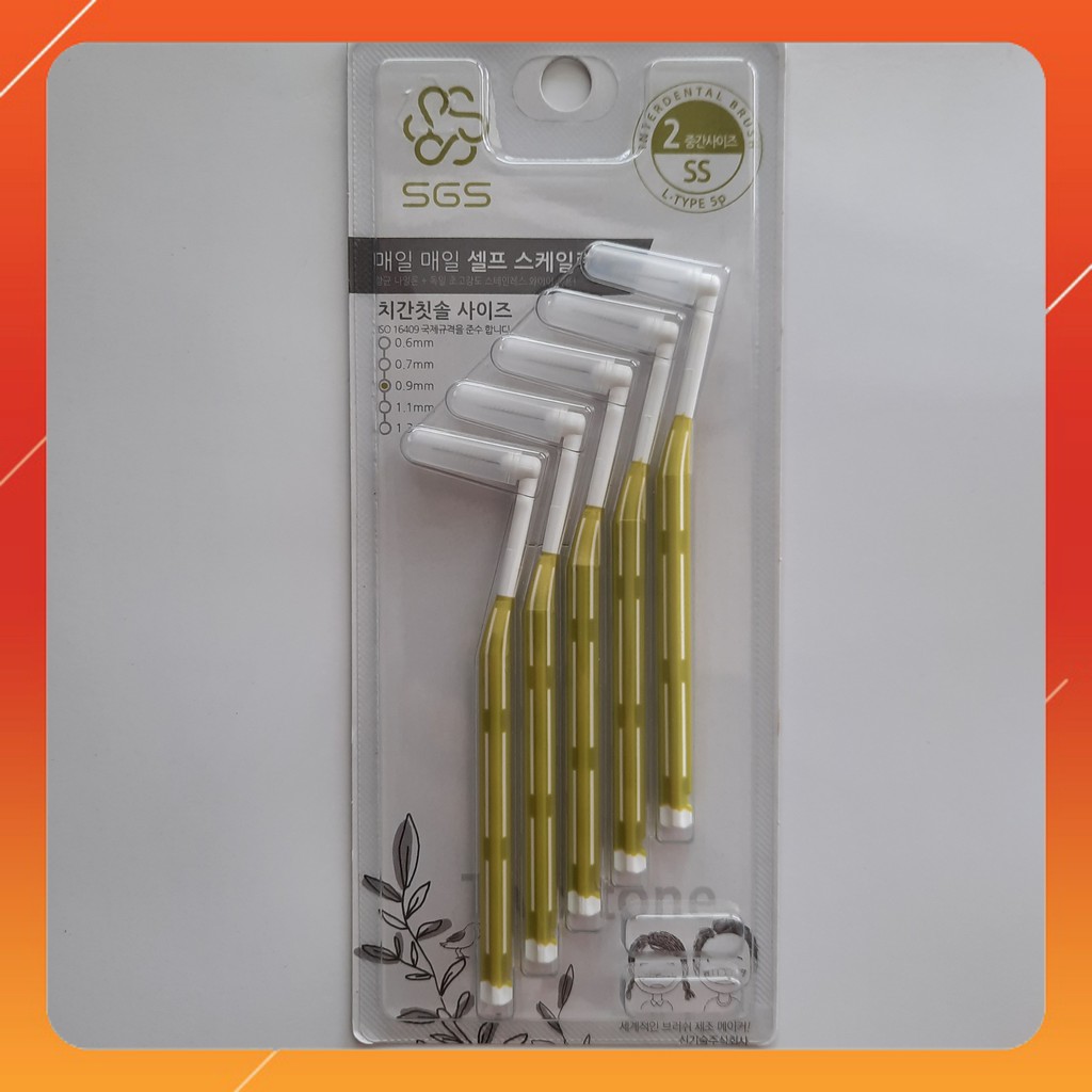 Bàn chải kẽ răng SGS loại L 5 cái/vỉ nhập khẩu Hàn Quốc - Size 0.9mm 💚FREE SHIP💚 Bàn chải kẽ răng cao cấp