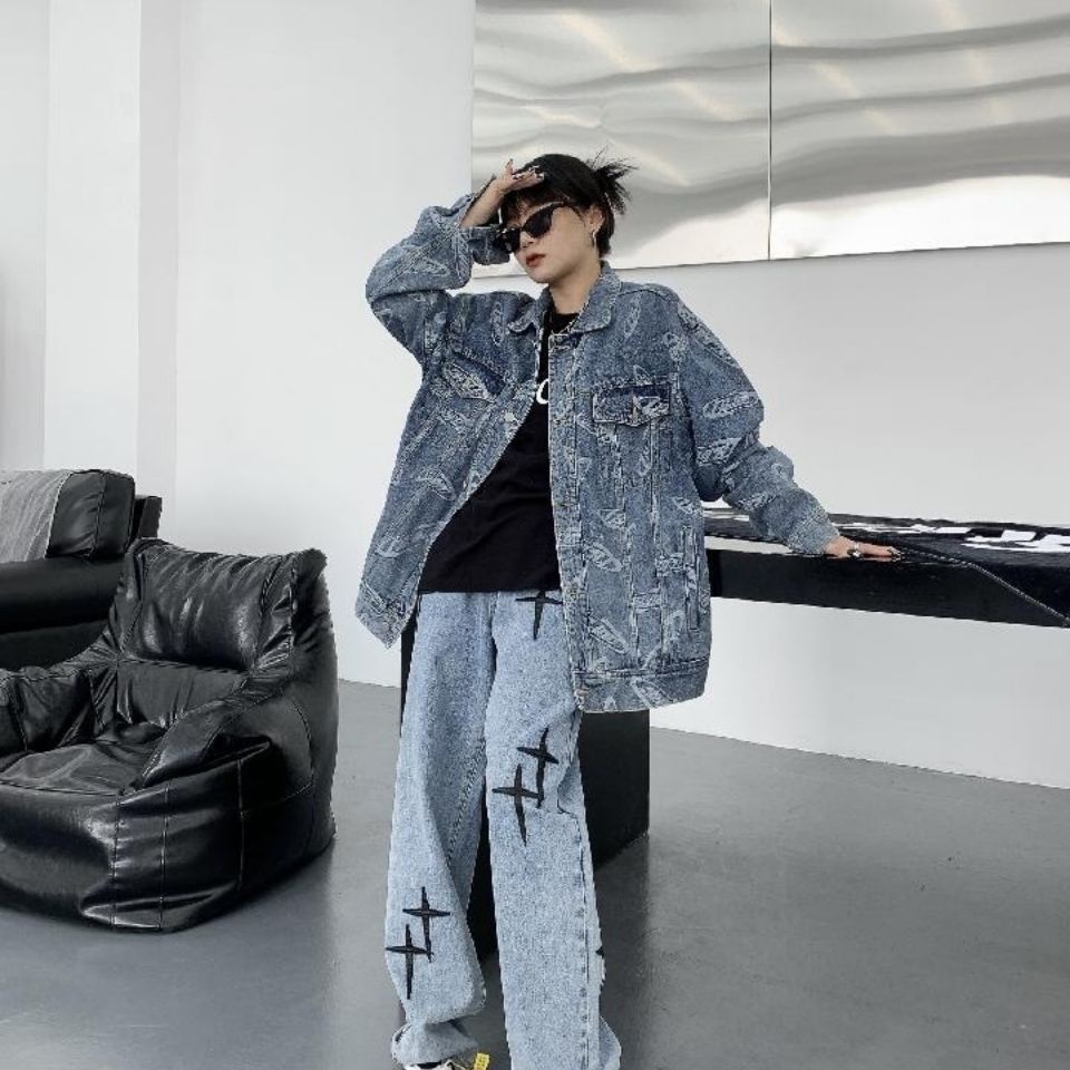 Chic fashion American heavy industry embroidered jeans women BF versatile casual high street straight tube wide leg pants ins<br />