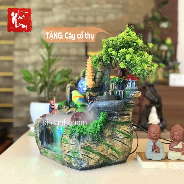 [Tặng Chống Hấp Hơi Kính] Thác nước phong thuỷ tiểu cảnh non bộ bể cá phong thủy để bàn mini có phun sương