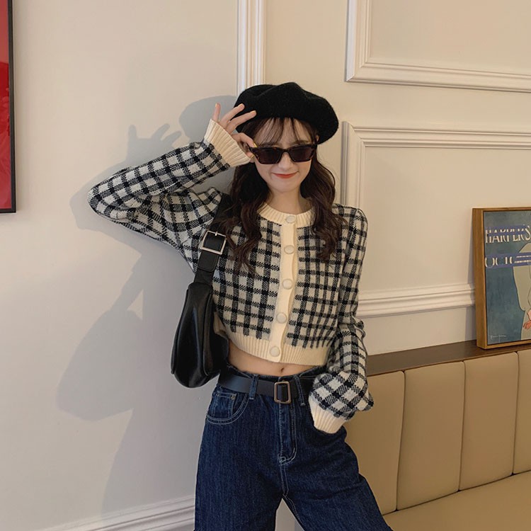 Áo Len Dài Tay Phối Sọc Caro Xinh Xắn Thời Trang Dành Cho Mùa Thu