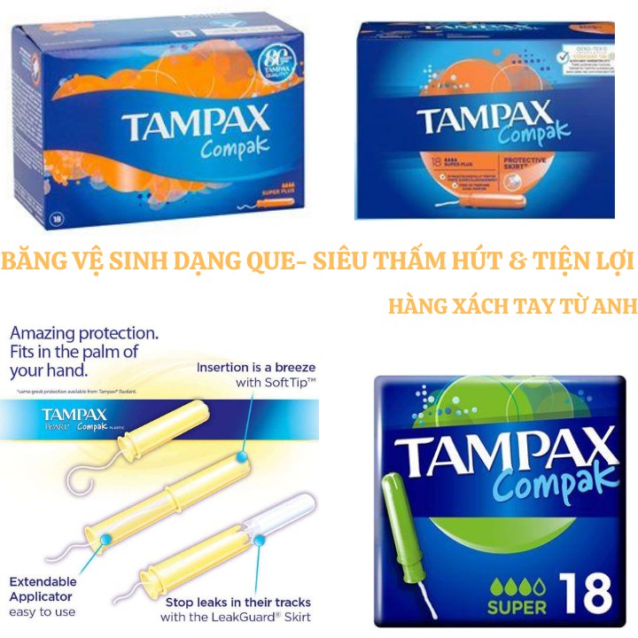 Hàng từ Anh  Băng Vệ Sinh Tampon Tampax Compak - Dạng Que - Nhỏ Gọn - Thấm hút cực tốt tích hợp đi bơi - du lịch