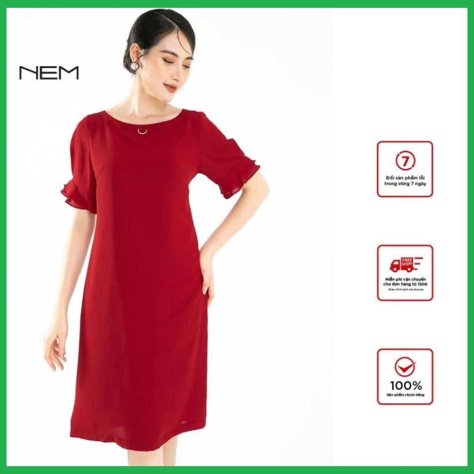 Đầm suông nữ thiết kế phối tay nhún NEM Fashion D40492 mã đỏ
