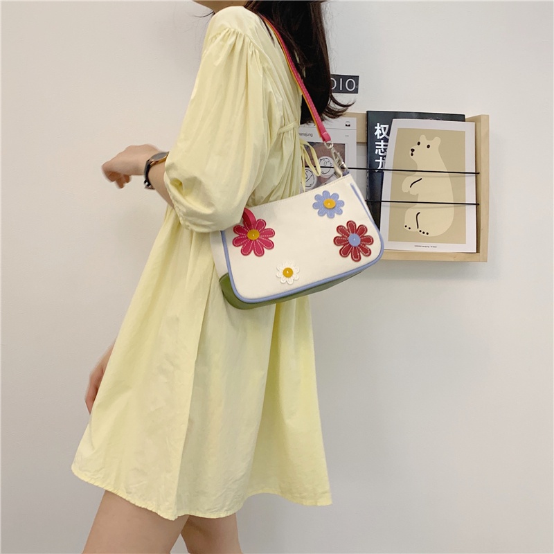 Túi IELGY đeo vai vải canvas họa tiết hoa màu sắc tương phản thời trang cho nữ