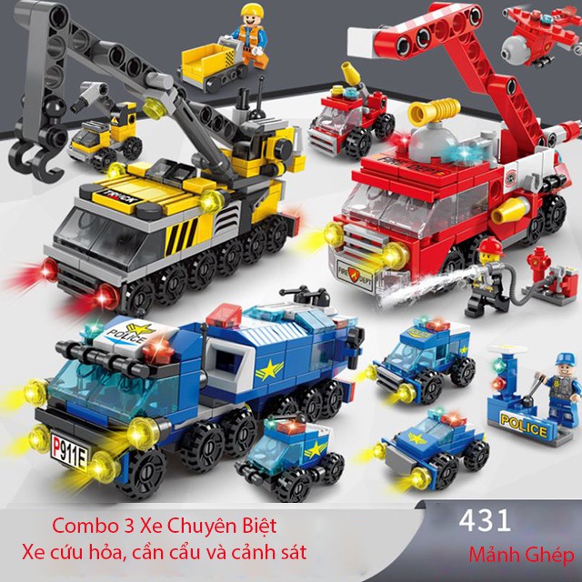Combo 3 Xe Đồ Chơi Nghề Nghiệp [FREESHIP❤️] Xếp Hình Xe Cứu Hỏa Xếp Hình Xe Cần Cẩu Và Xếp Hình Xe Cảnh Sát