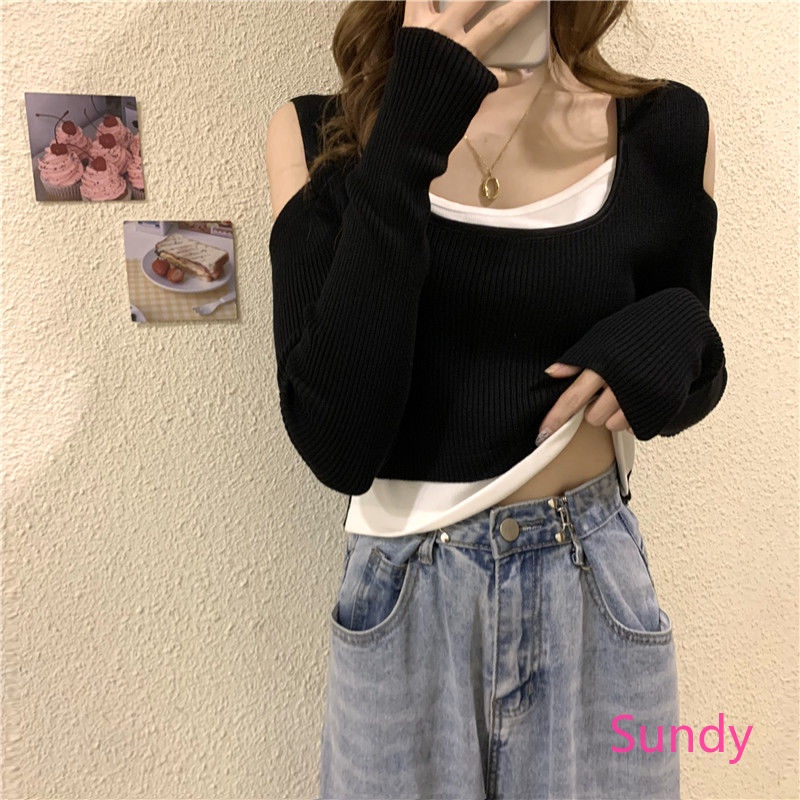 Áo dệt kim tay dài hở vai thời trang dành cho nữ