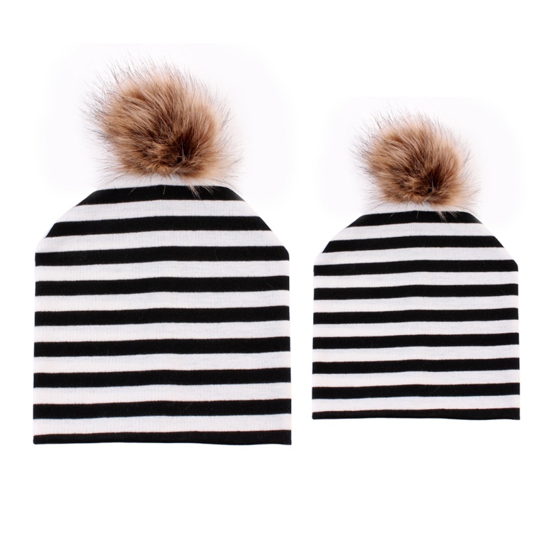 Mũ Beanie Cotton Phối Bóng Lông Mềm Mại Giữ Ấm Mùa Đông Dành Cho Mẹ Và Bé