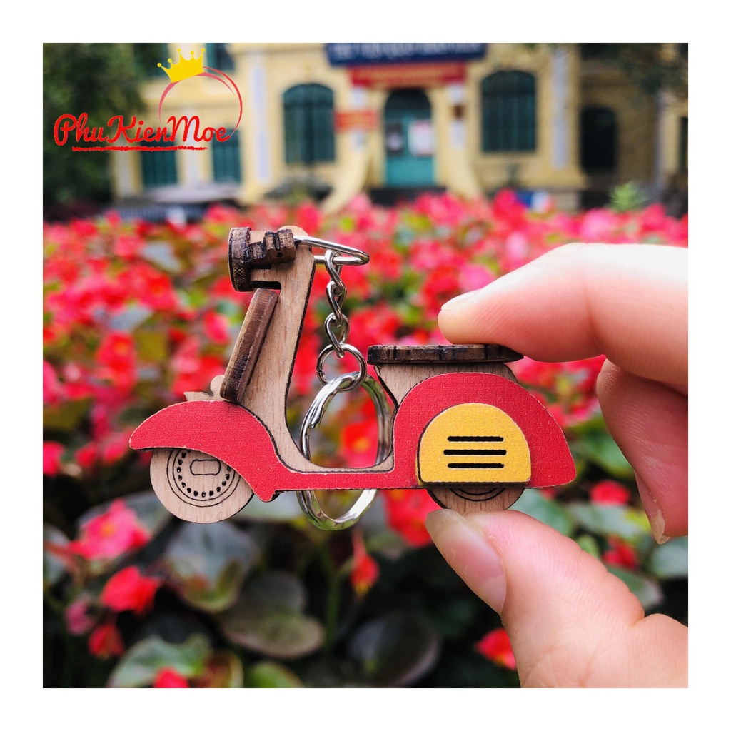 Móc chìa khóa kiểu dáng vintage hình xe Vespa, móc khoá teo balo điện thoại làm bằng gỗ mini PhuKienMoe handmade