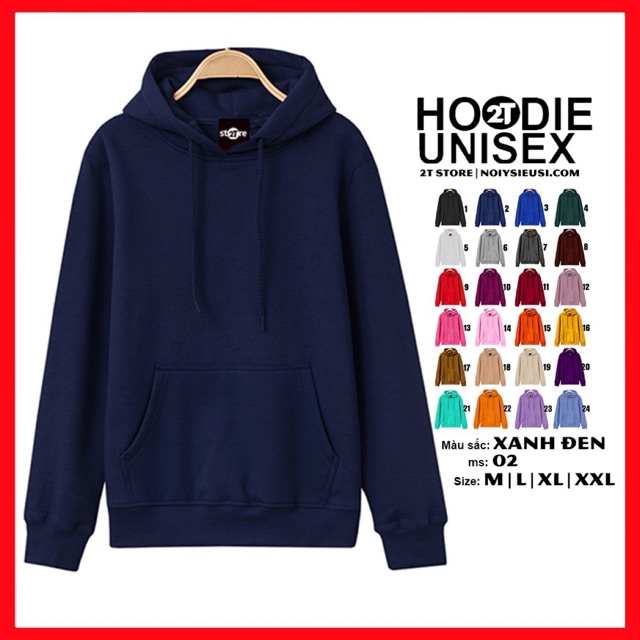 Áo hoodie unisex 2T Store H02 màu xanh dương đen - Áo khoác nỉ bông chui đầu nón 2 lớp dày dặn đẹp chất lượng