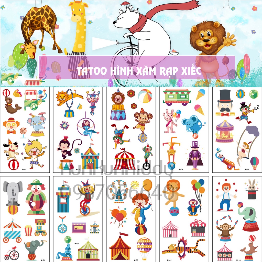 Hình xăm tatoo sticker RẠP XIẾC dán chống thấm nước cho bé sáng tạo vui chơi an toàn