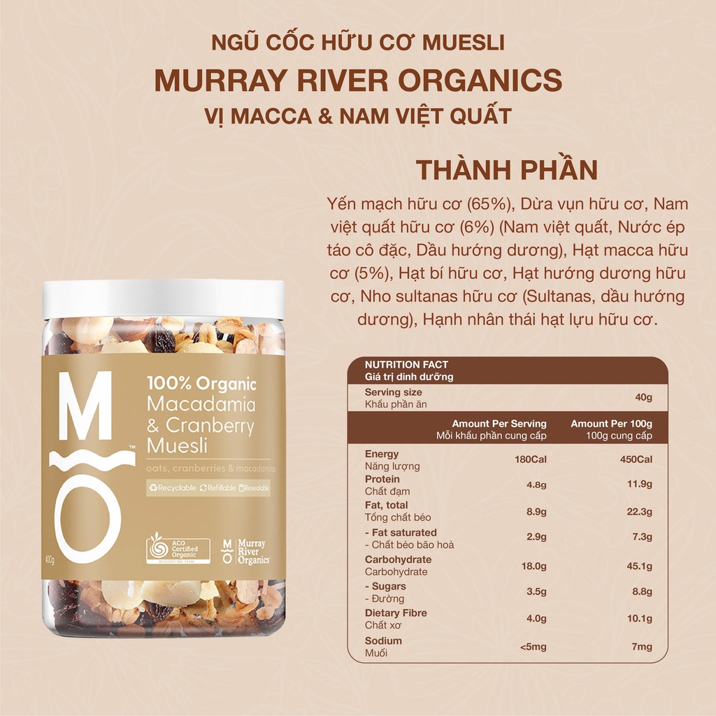 Ngũ cốc Muesli hữu cơ ăn kiêng giảm cân MURRAY RIVER ORGANICS - Vị Macca và Nam việt quất - lọ 400g